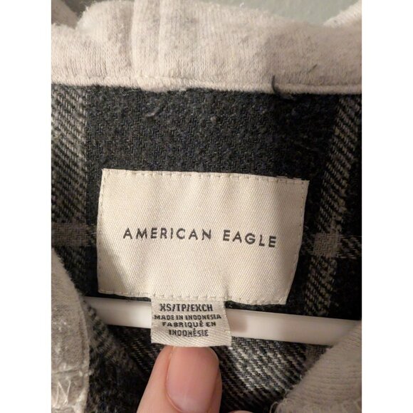 American Eagle XS Black White Plaid Button Up Flannel Hoodie Shirt Cotton Blend - Picture 4 of 5